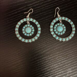 Turquoise Silver Hoop Earrings with second pair of earrings and necklace all